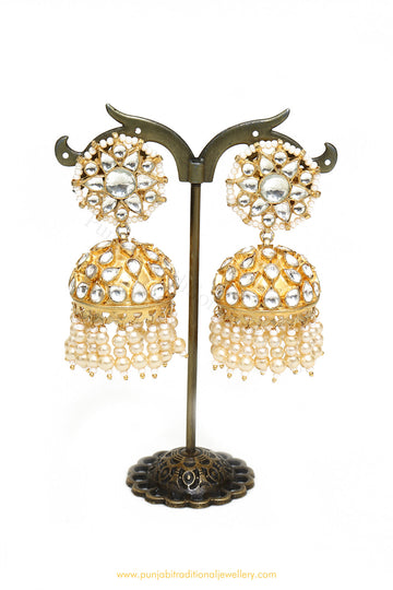 Gold Finished Pearl Kundan Jhumki Earrings by PTJ